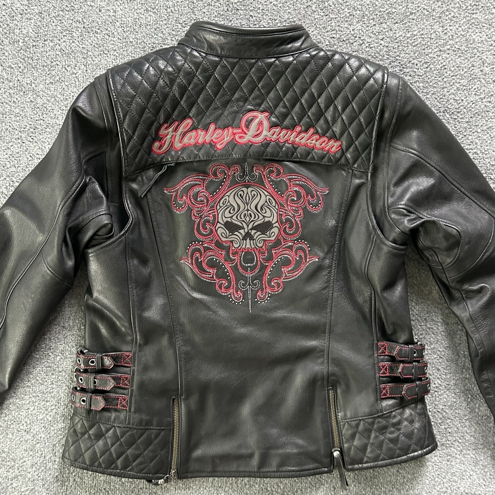 Harley Davidson Jacket Womens Medium Black Leather Skull Quilted Biker Moto